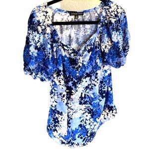 Adrienne Vittadini Blue Floral Blouse Size M Sheer Puff Sleeve Feminine Top